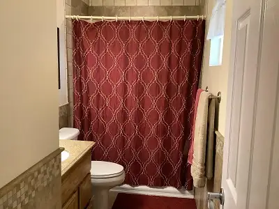 master bathroom with a maroon and gold shower curtain